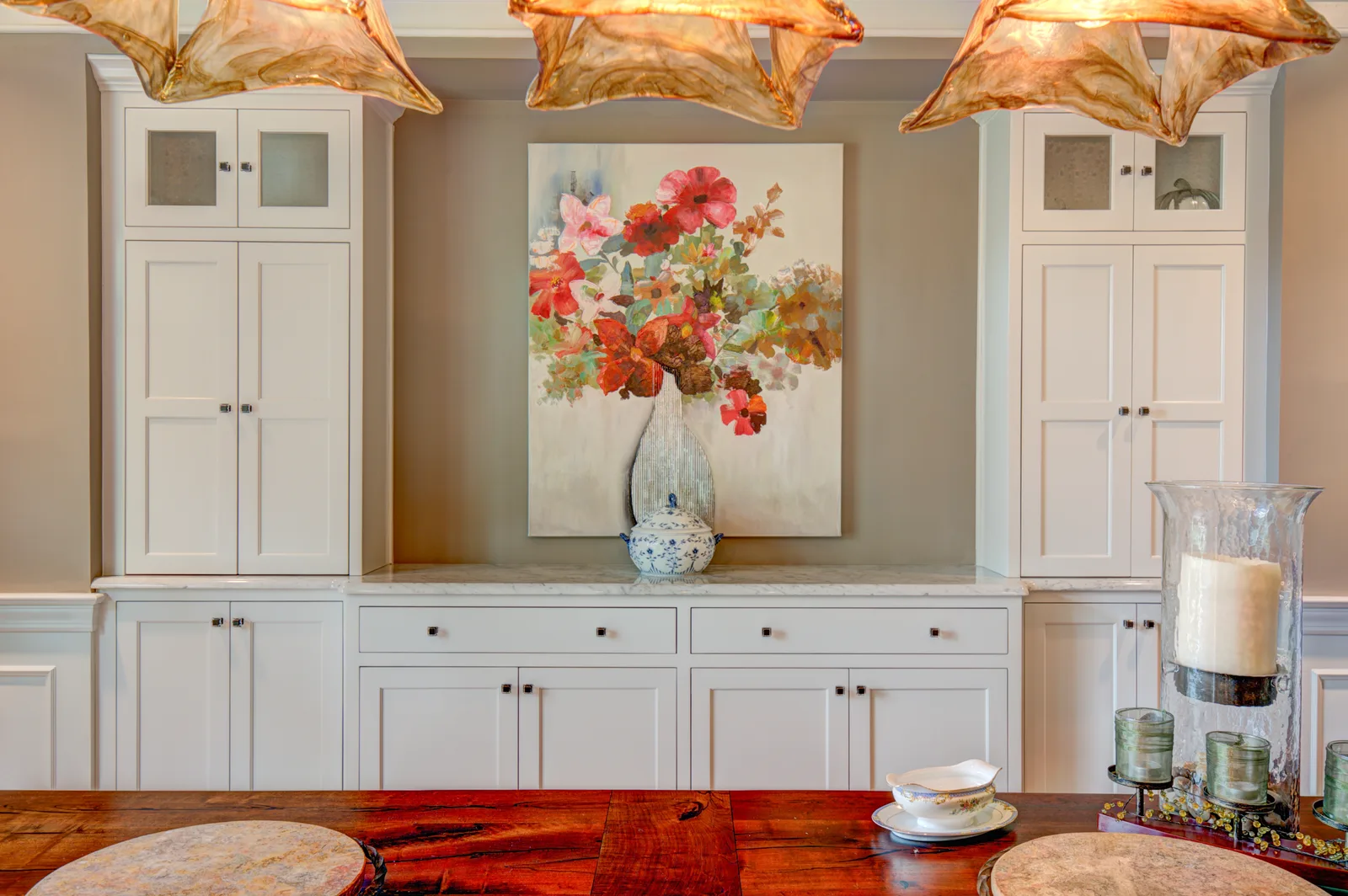 White dining-room built-in hutch with glass upper cabinets