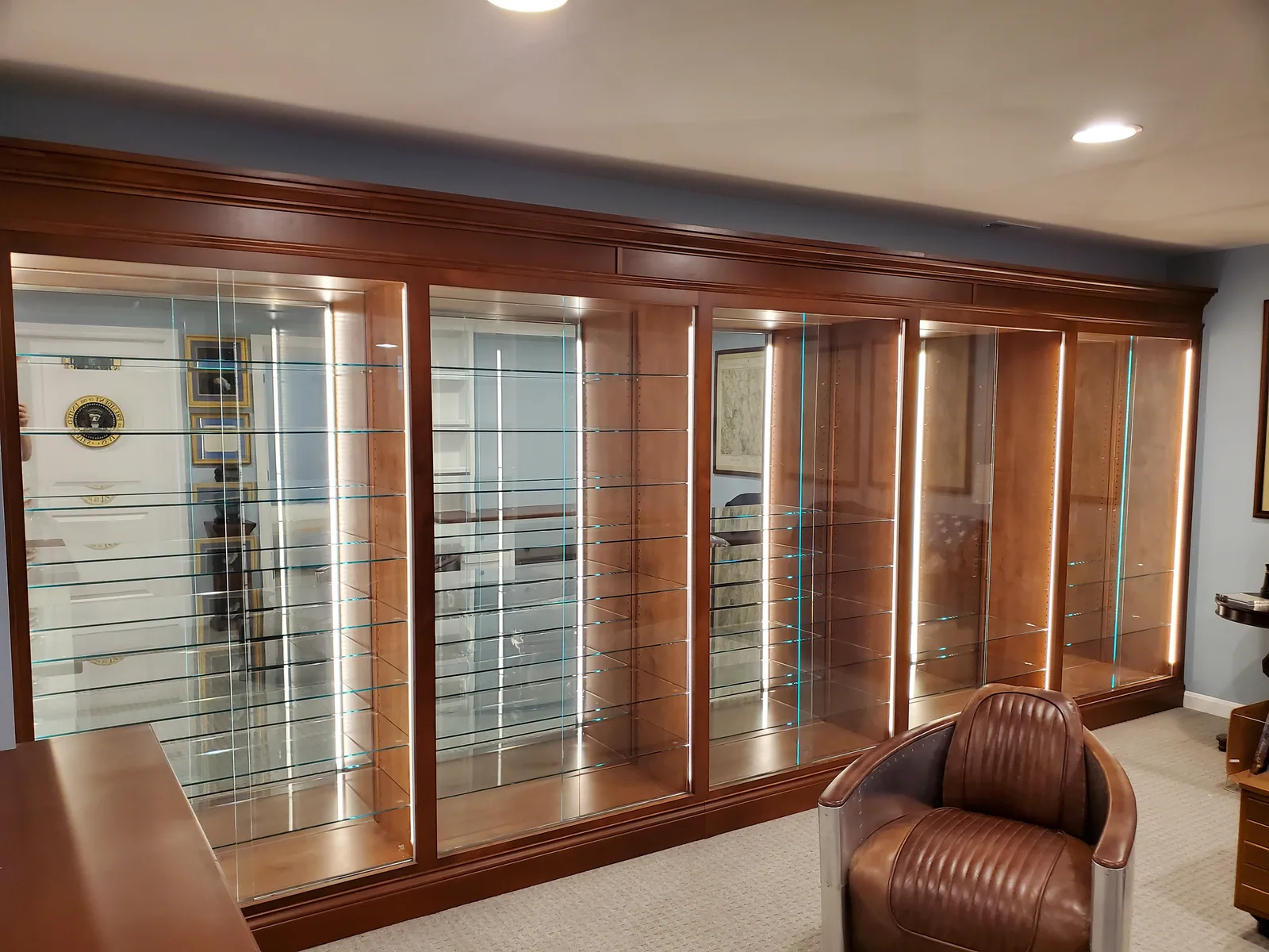 Lit glass display cabinetry in a home study